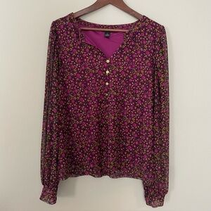 BYdesign Floral Blouse Top Boho Romantic Plum Purple Semi-Sheer, Women’s L